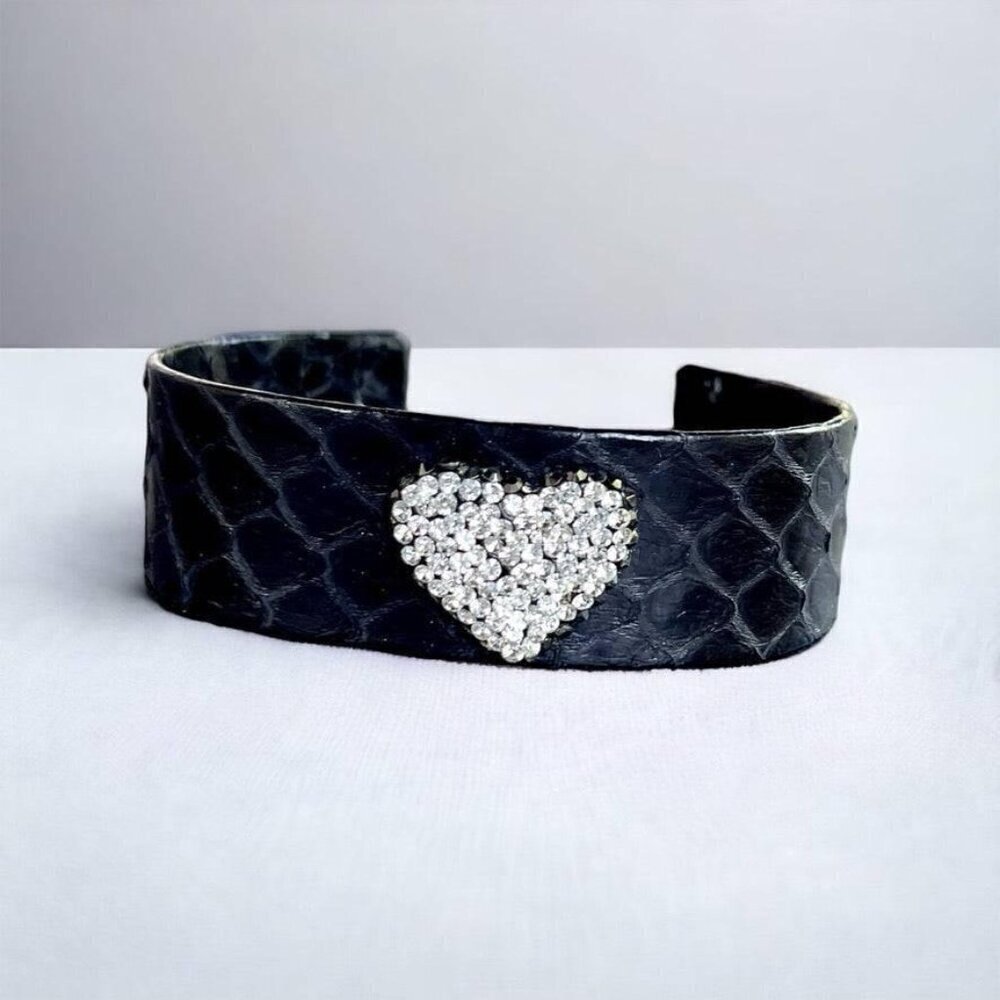 Snake Embossed Leather Open Cuff Bracelet with Rhinestone Heart